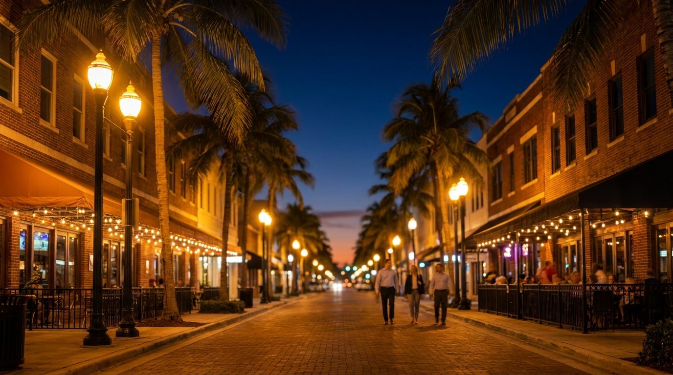 Clematis Street at dusk with palm trees and warm sidewalk lights