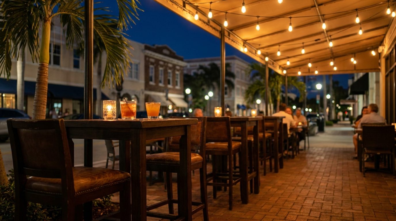 Outdoor patio tables on Clematis Street under Edison lights